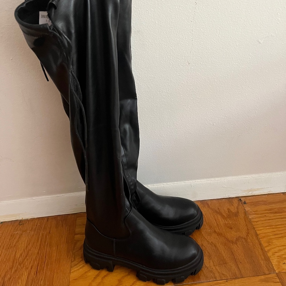 Faux leather knee high chunky boots